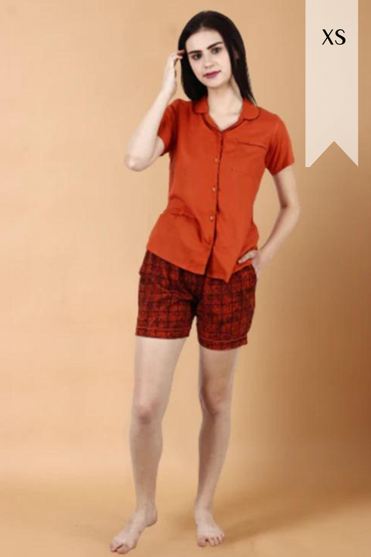 Rust Grid Printed Shorts Suit