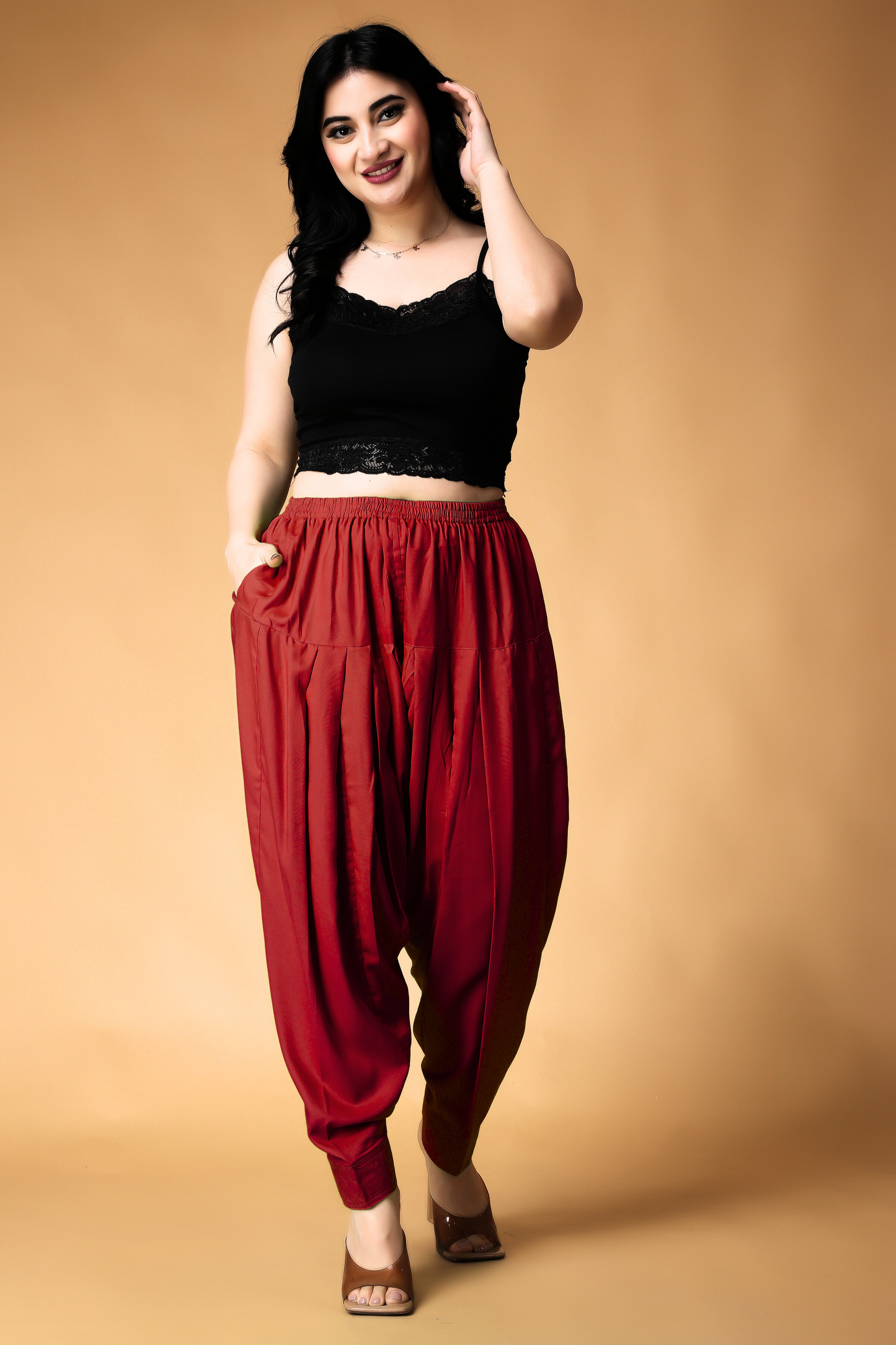 Maroon Rayon Pleated Salwar