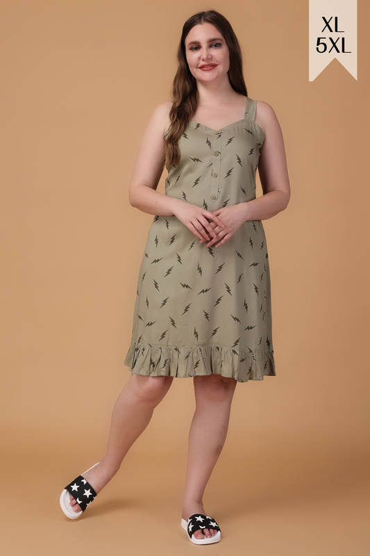 Olive Frilled Printed Short Nighty