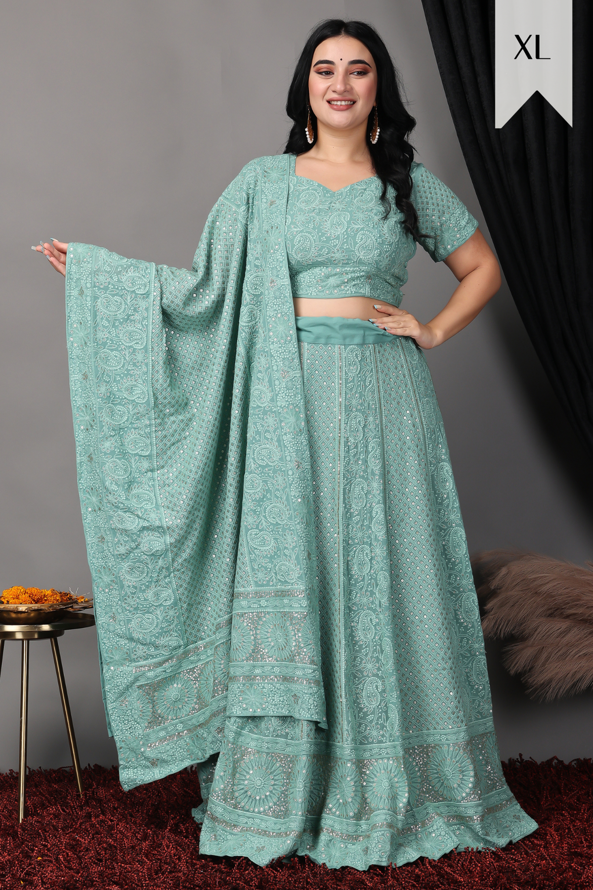 Buy Plus Size ​Sureeli Jhankaar Lucknowi Sequin Lehenga At Apella | Sizes XS to 10 XL | India | Free Delivery | Customized