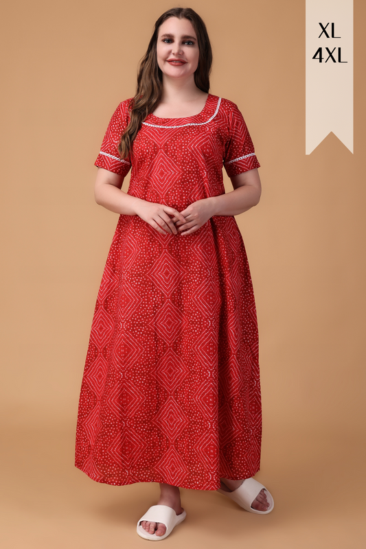 Red Bandhej Cotton Night Gown
