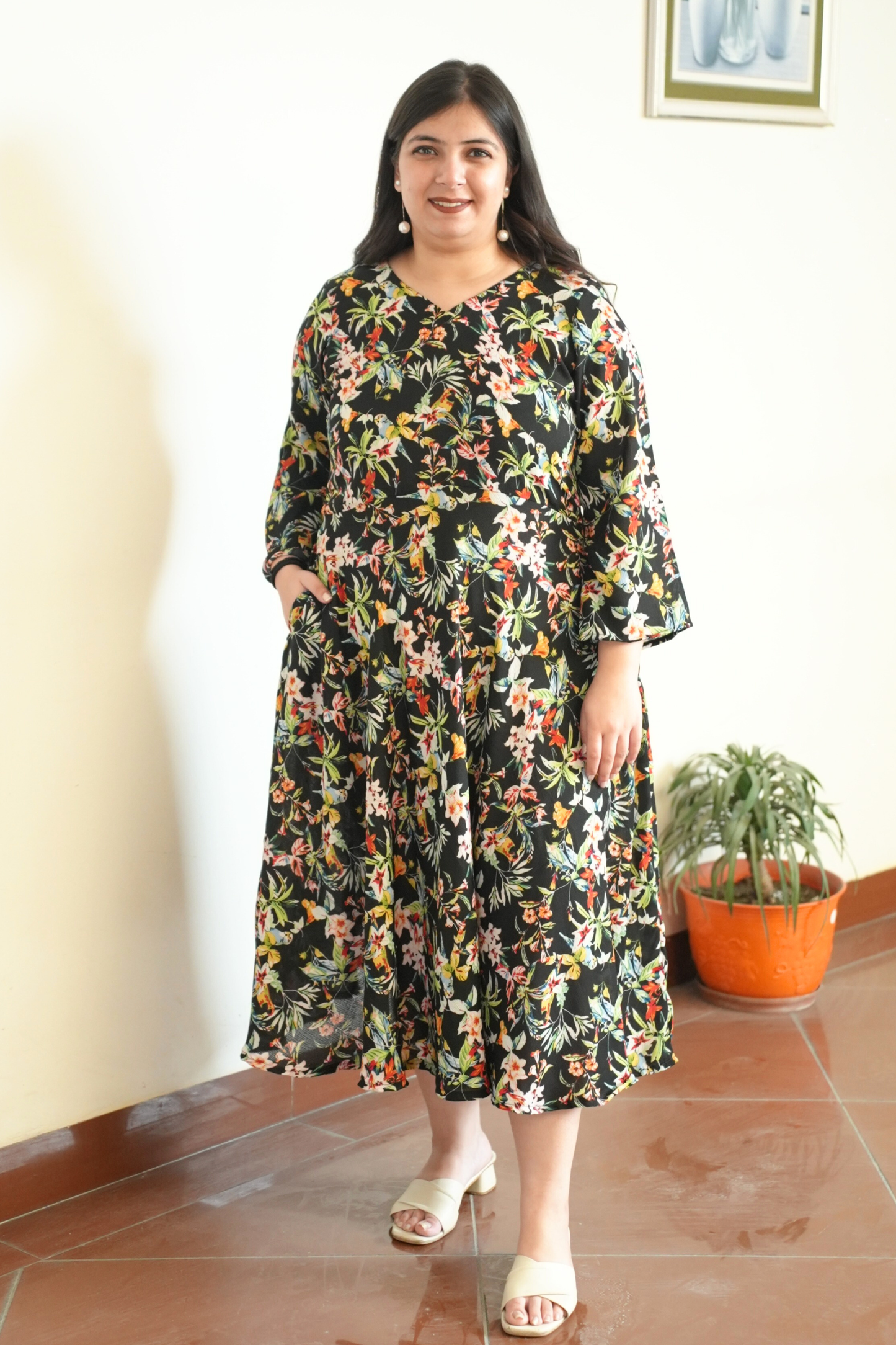 Midnight Confetti Calf Dress With Pockets