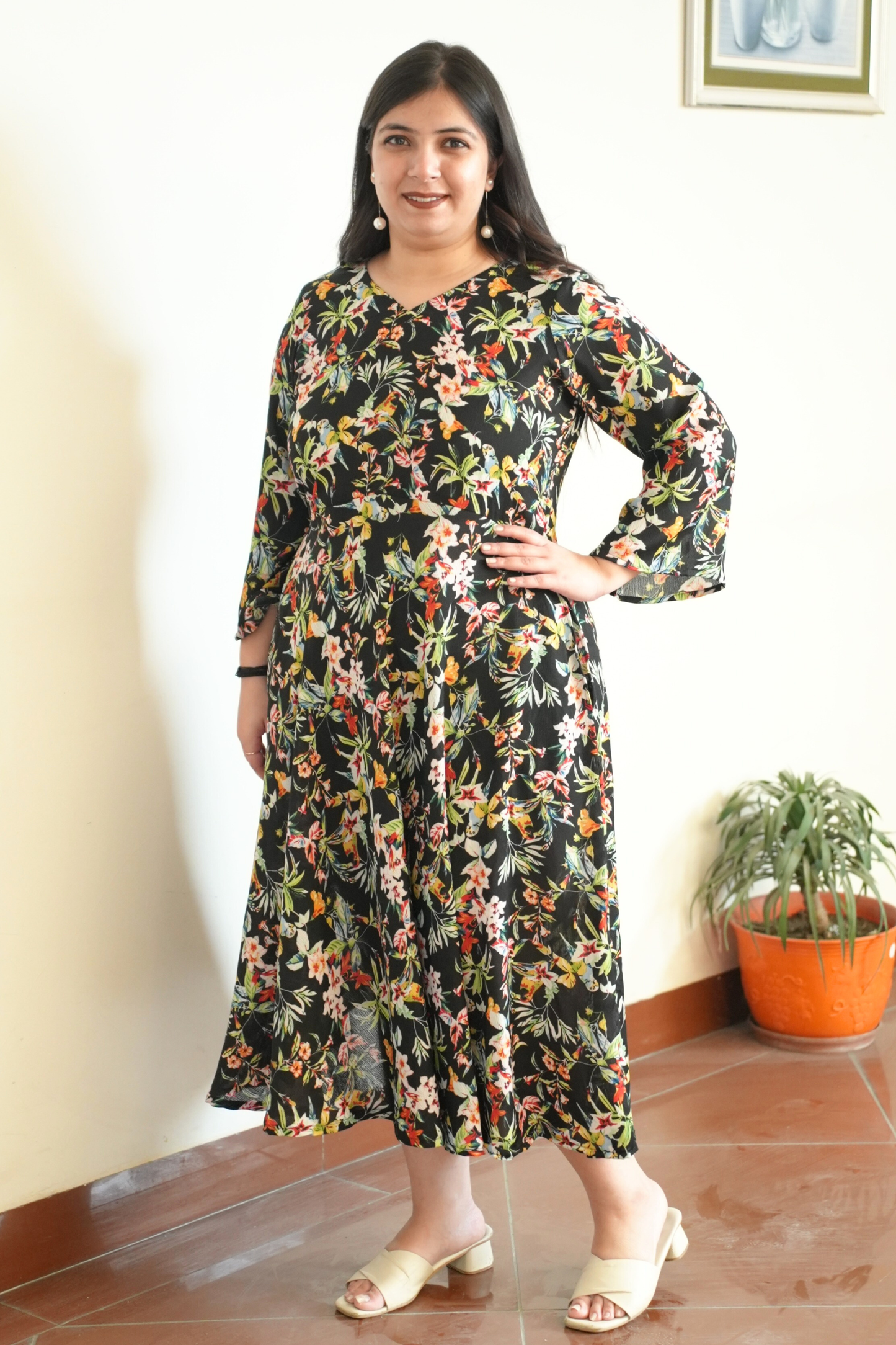 Midnight Confetti Calf Dress With Pockets