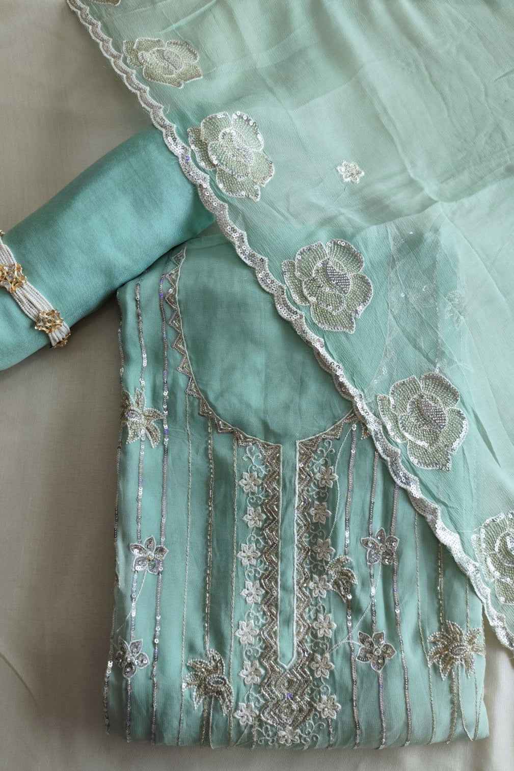 Sky Georgette Unstitched Suit with Handwork