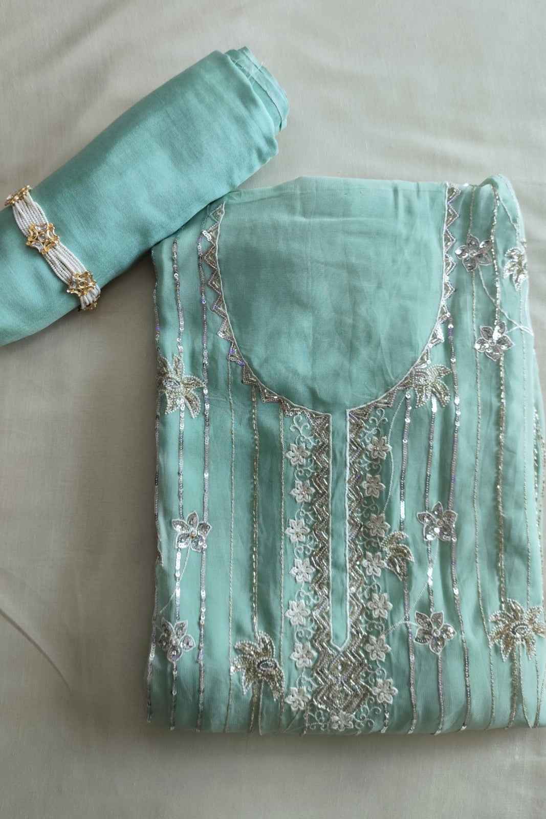 Sky Georgette Unstitched Suit with Handwork