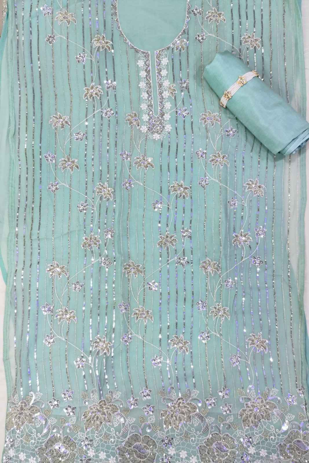 Sky Georgette Unstitched Suit with Handwork