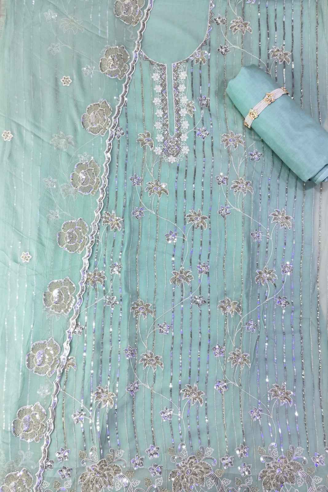 Sky Georgette Unstitched Suit with Handwork