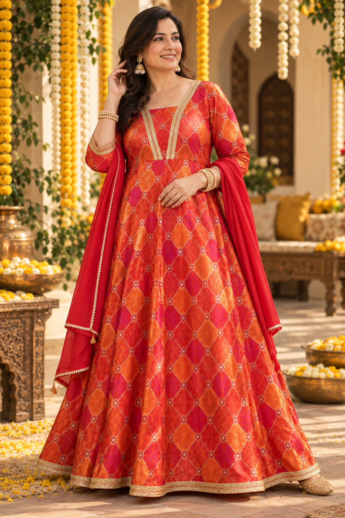 Tarini Orange Silk Dress with Jacquard Weave (Copy)