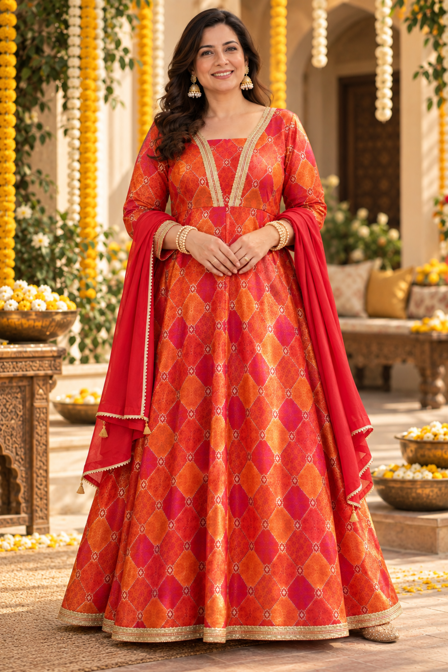 Tarini Orange Silk Dress with Jacquard Weave (Copy)