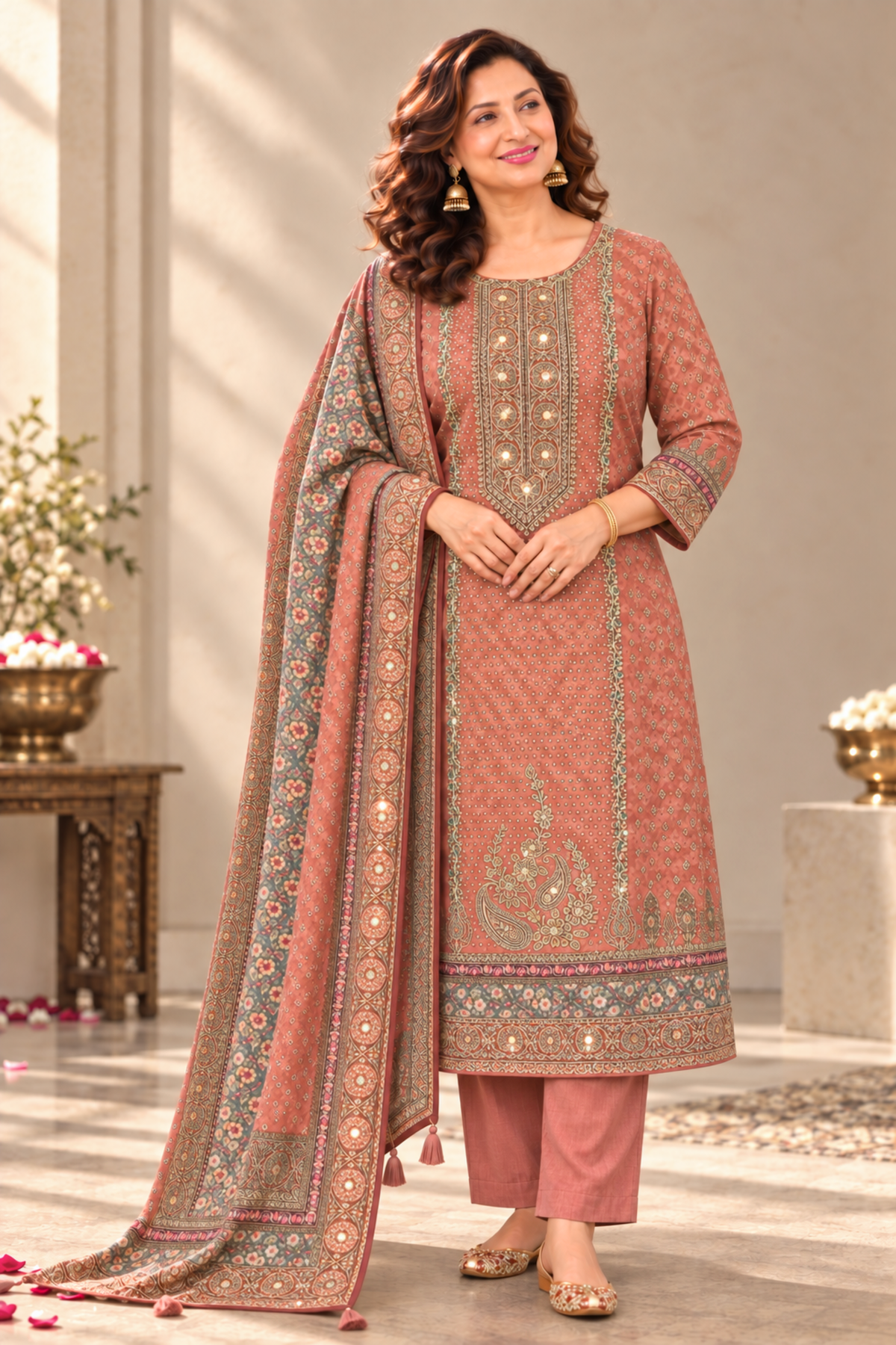 Sanyah Karachi Muslin Suit With Mirror Work