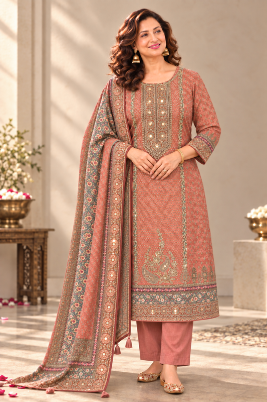 Sanyah Karachi Muslin Suit With Mirror Work