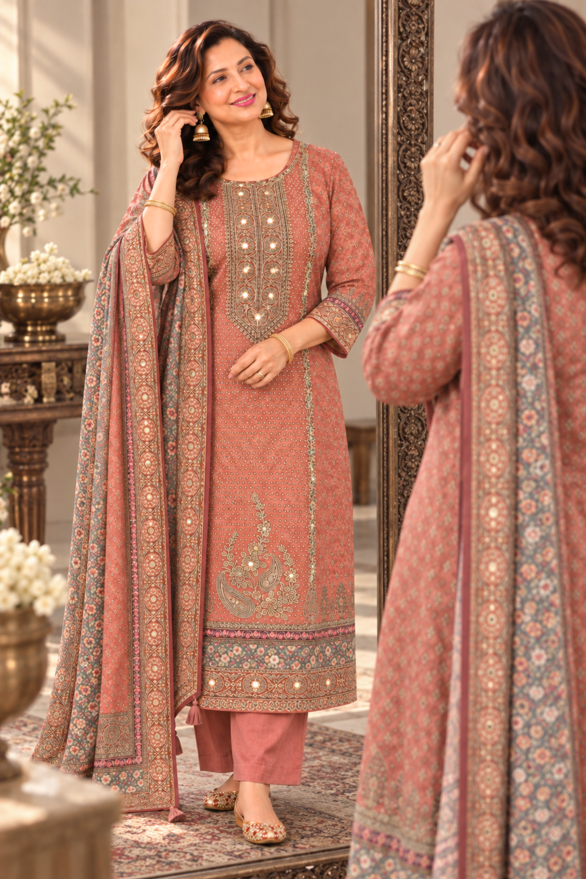 Sanyah Karachi Muslin Suit With Mirror Work