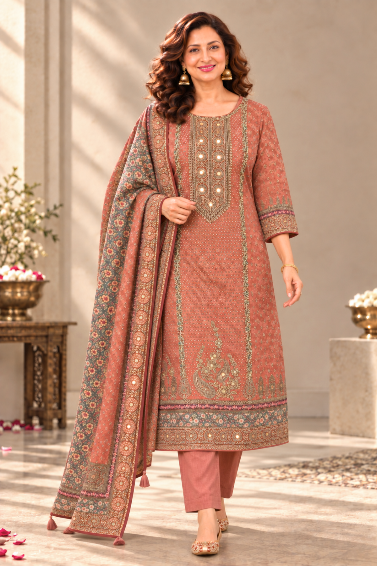 Sanyah Karachi Muslin Suit With Mirror Work