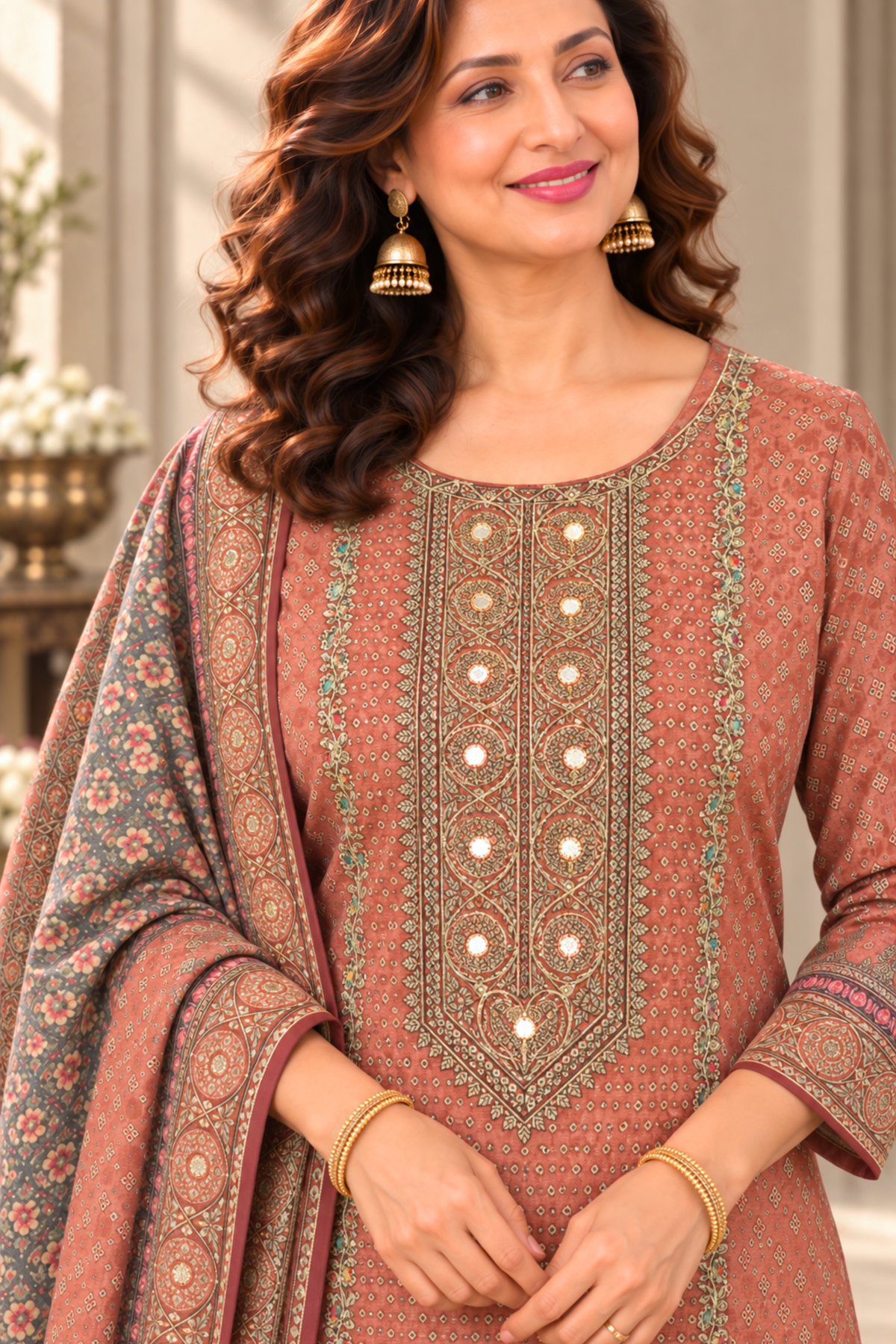 Sanyah Karachi Muslin Suit With Mirror Work