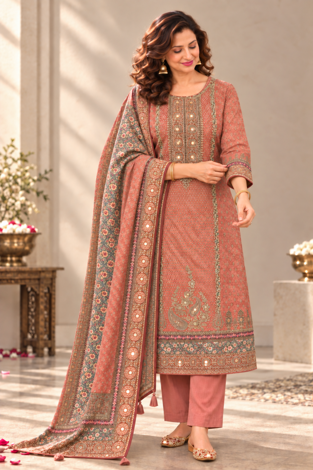 Sanyah Karachi Muslin Suit With Mirror Work