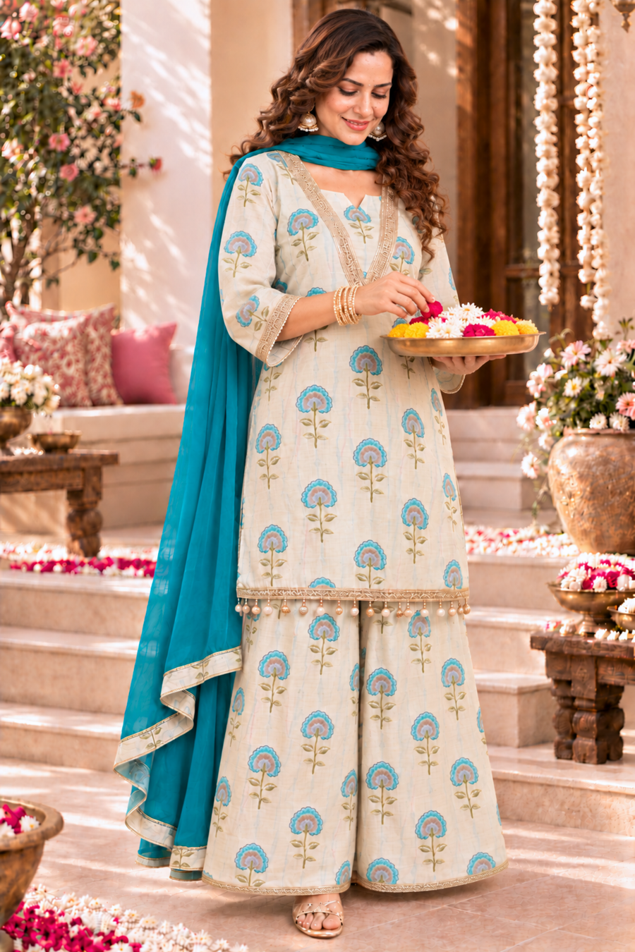 Aafreen Ivory Suit Set With Foil Print