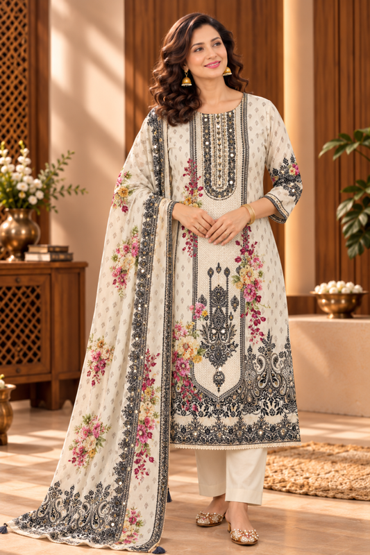 Aaliya Ivory Karachi Muslin Suit With Mirror Work