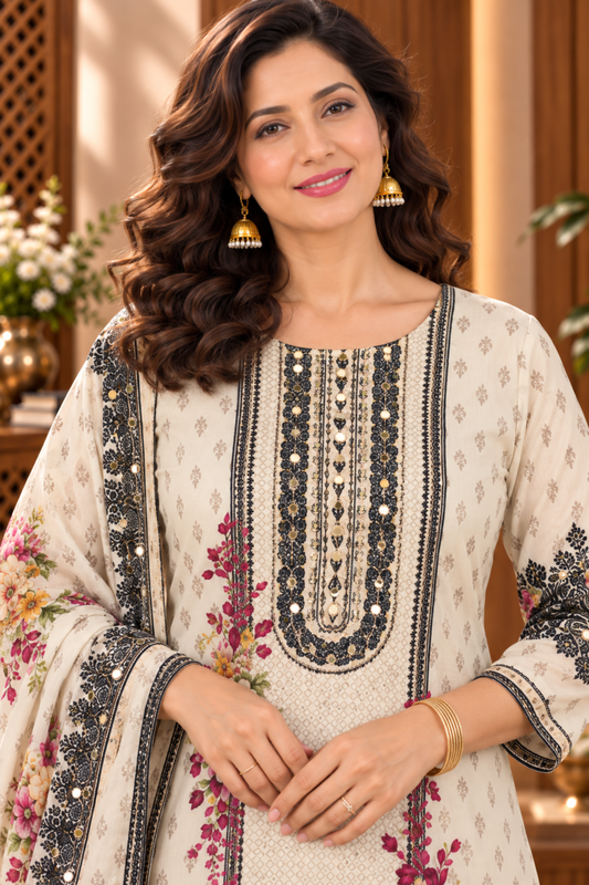 Aaliya Ivory Karachi Muslin Suit With Mirror Work