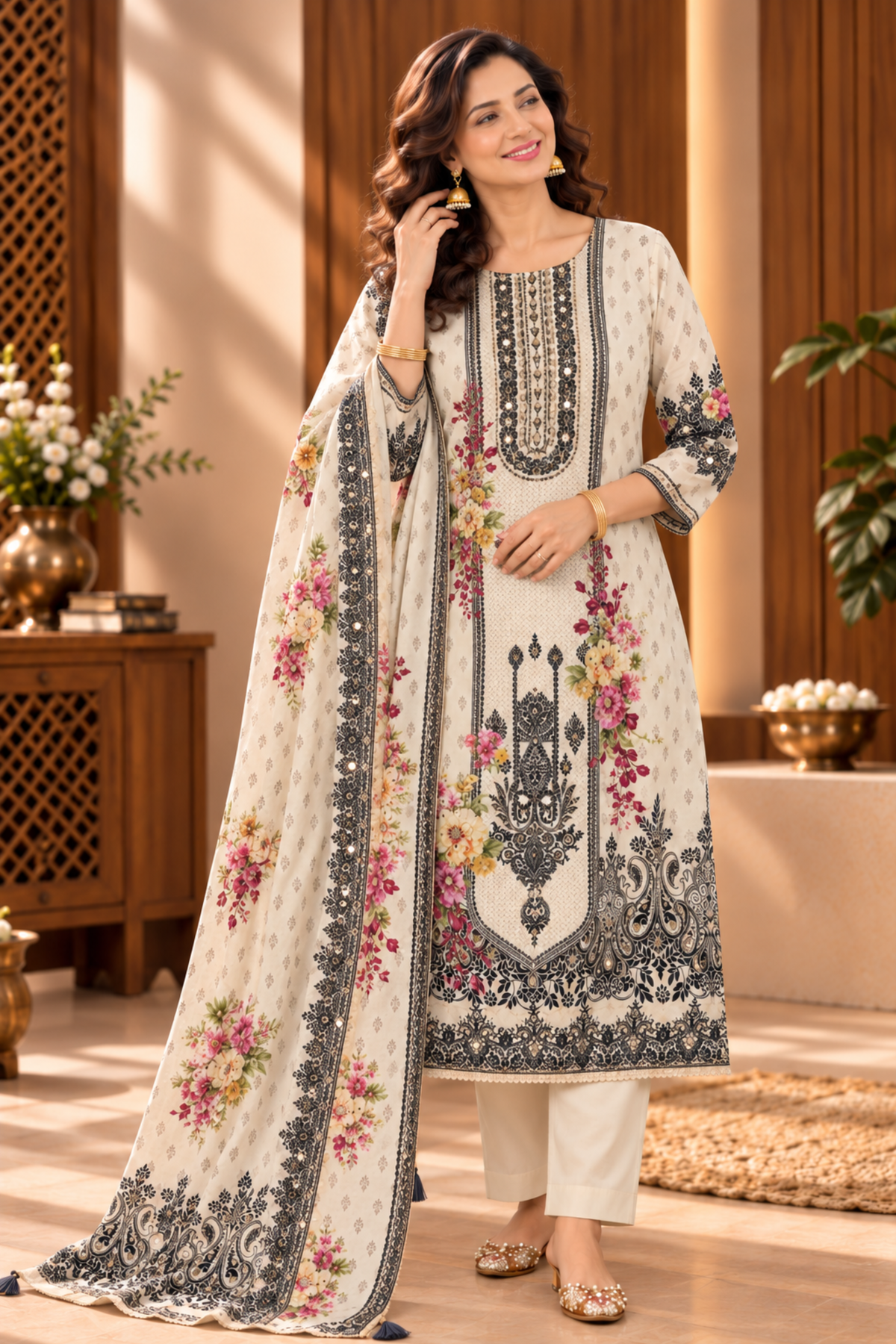 Aaliya Ivory Karachi Muslin Suit With Mirror Work