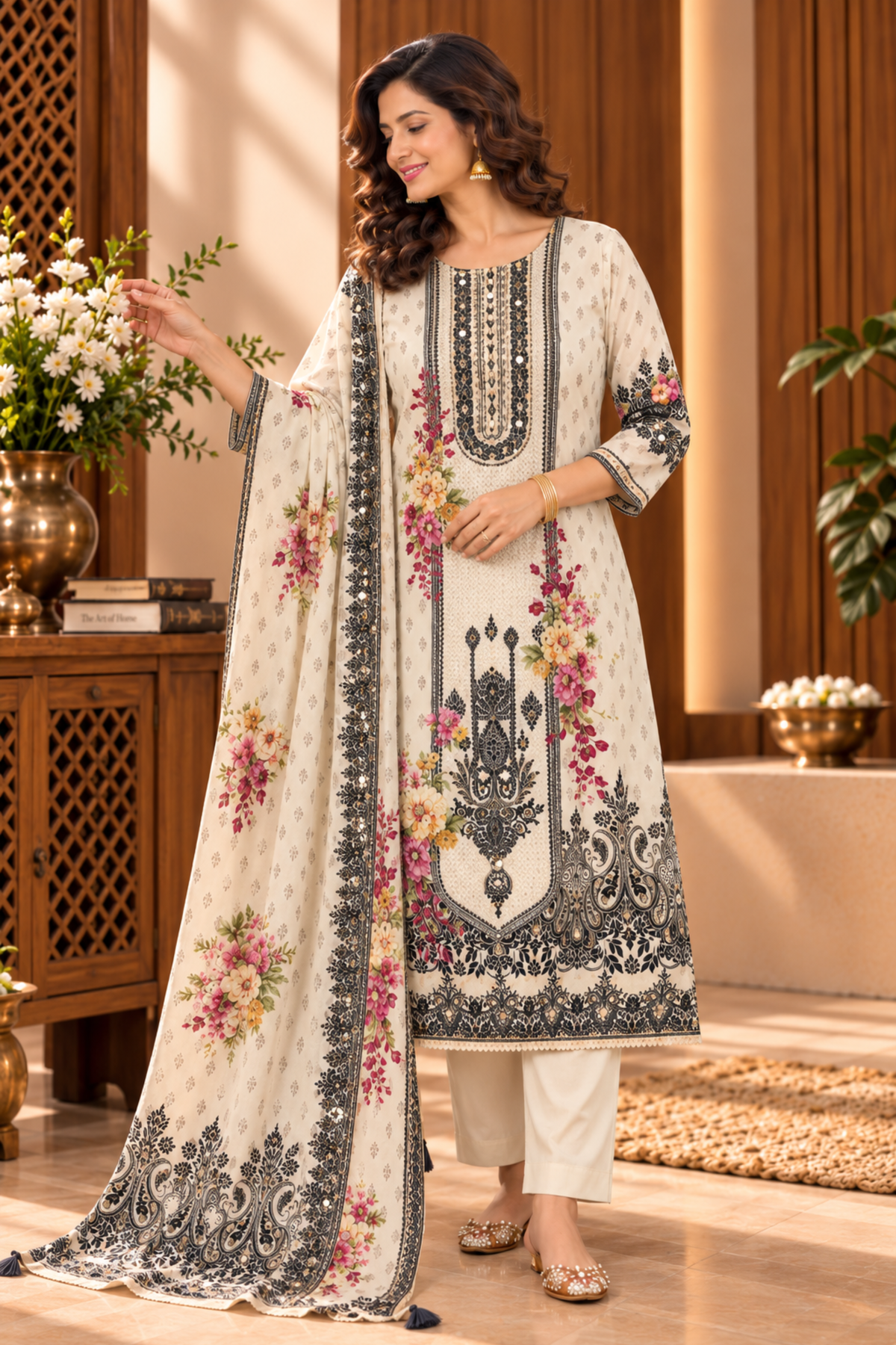 Aaliya Ivory Karachi Muslin Suit With Mirror Work