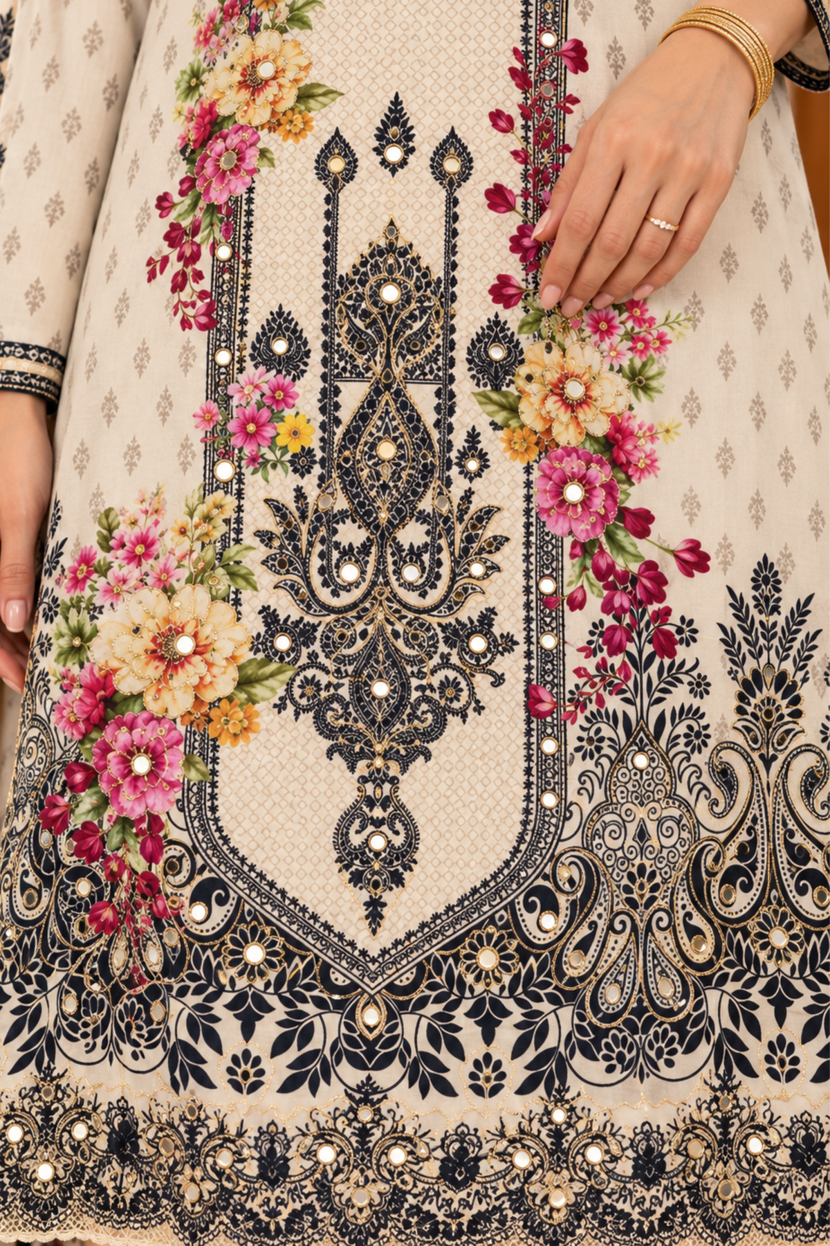 Aaliya Ivory Karachi Muslin Suit With Mirror Work