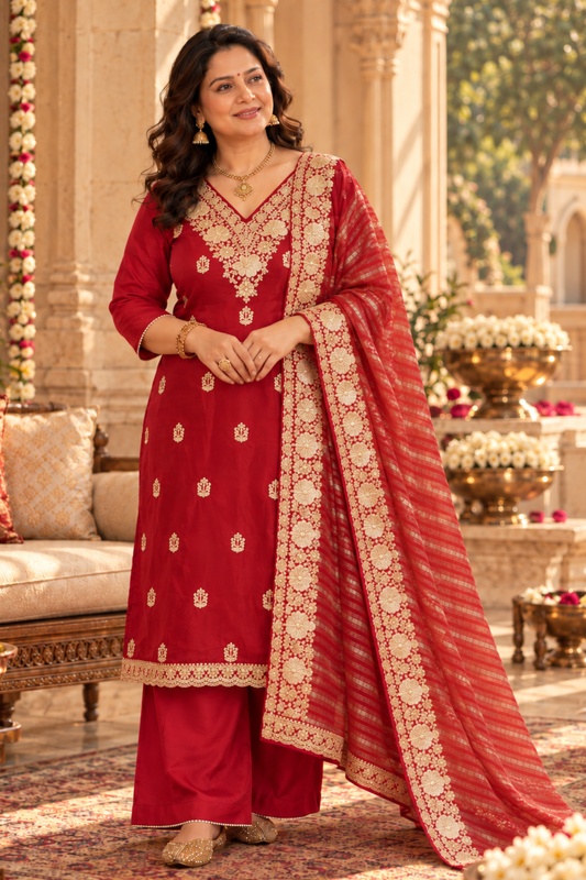 Aarisha Red Suit Set With Zari Embroidery