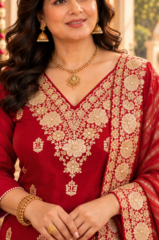 Aarisha Red Suit Set With Zari Embroidery