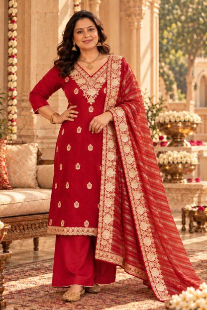 Aarisha Red Suit Set With Zari Embroidery