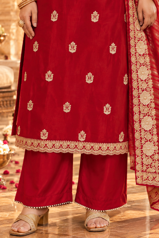 Aarisha Red Suit Set With Zari Embroidery
