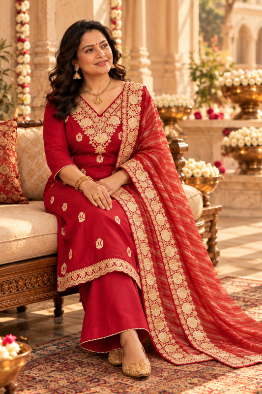 Aarisha Red Suit Set With Zari Embroidery