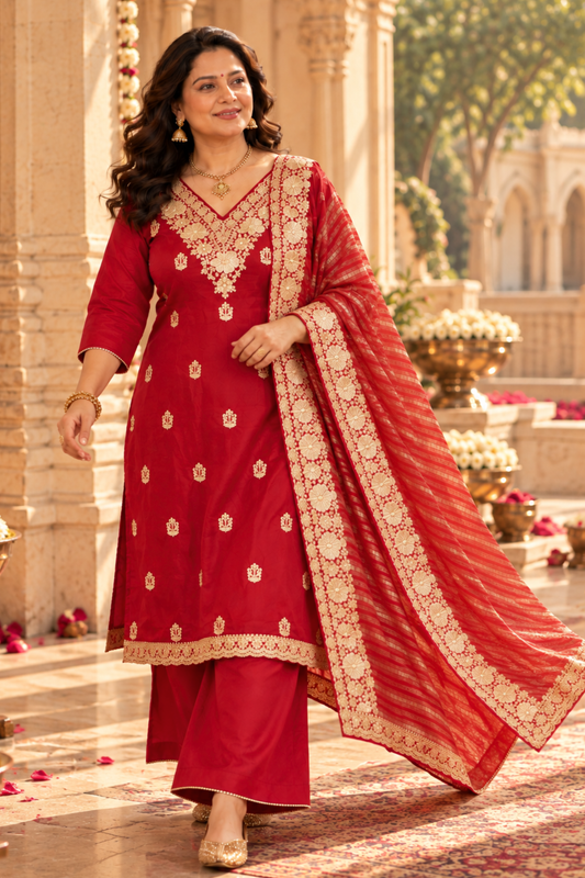 Aarisha Red Suit Set With Zari Embroidery
