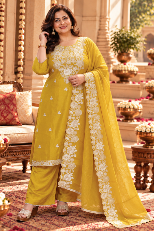 Aarvika Tissue Shimmer Suit With Zari Embroidery