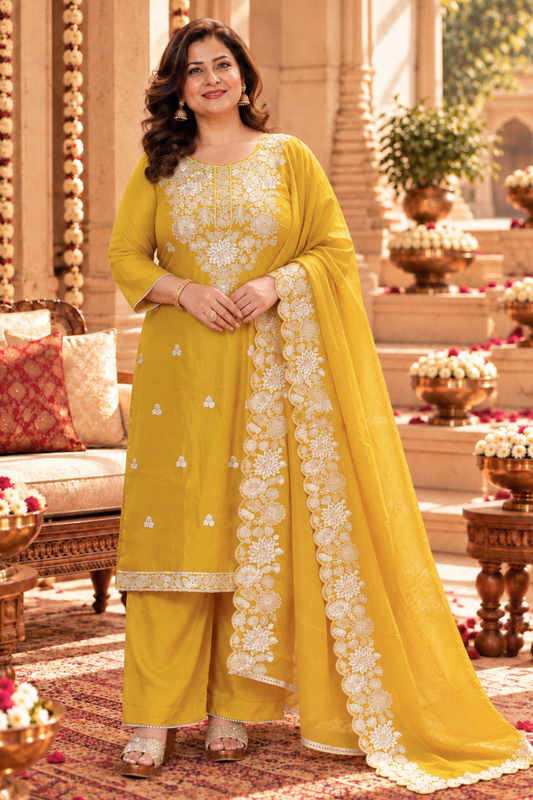 Aarvika Tissue Shimmer Suit With Zari Embroidery