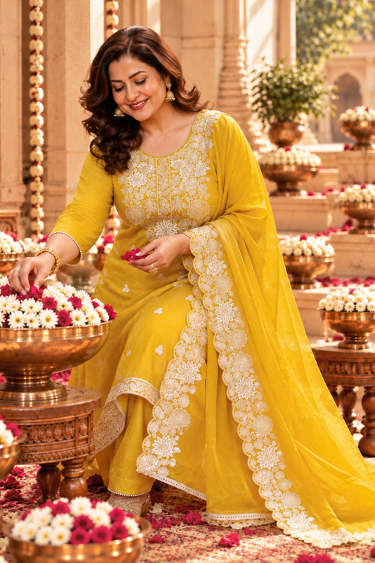Aarvika Tissue Shimmer Suit With Zari Embroidery
