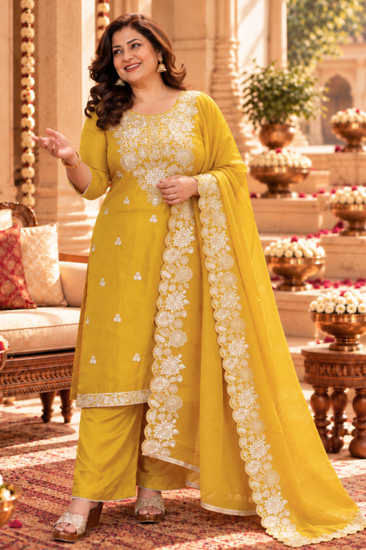 Aarvika Tissue Shimmer Suit With Zari Embroidery