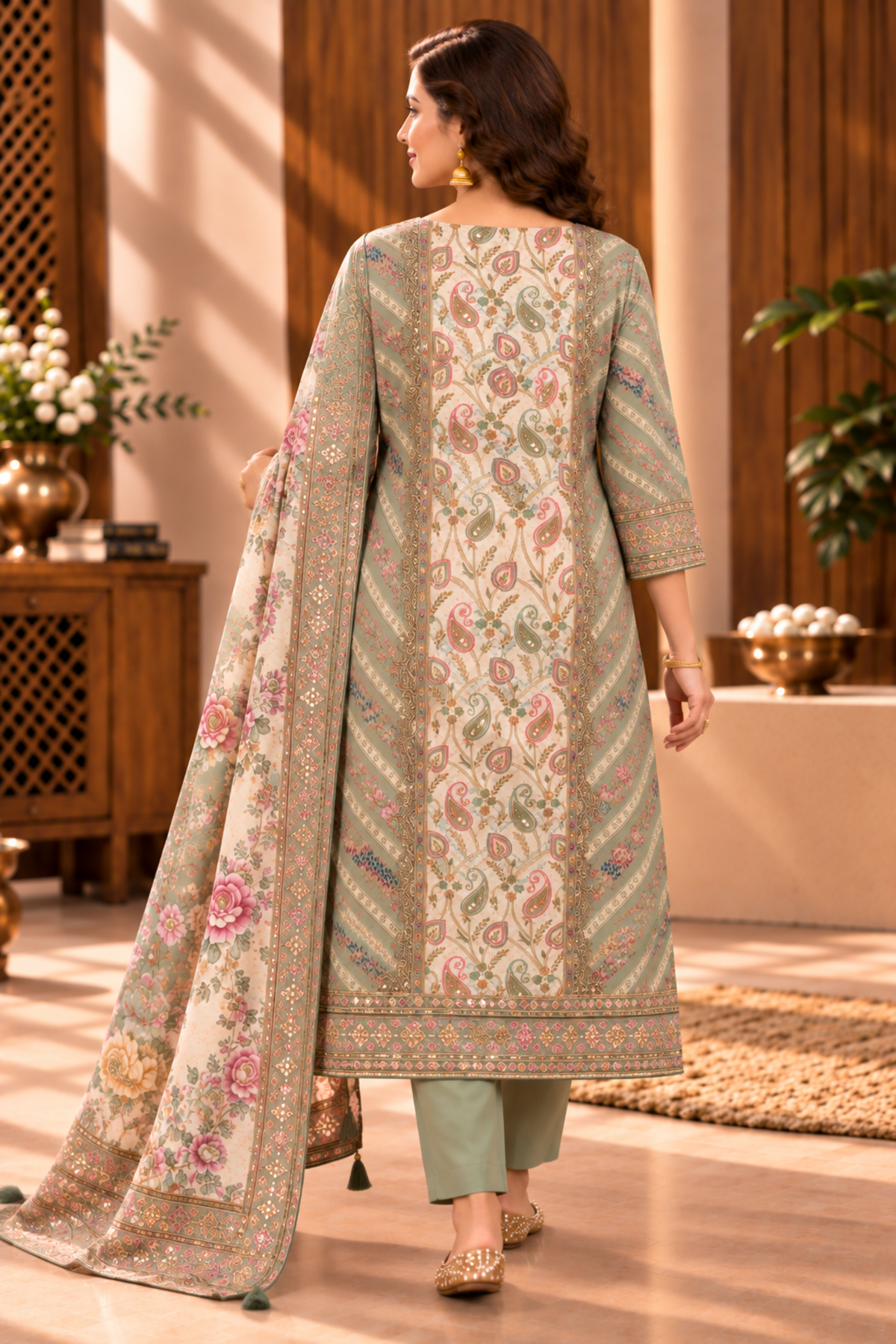 Noori Karachi Muslin Suit With Mirror Work
