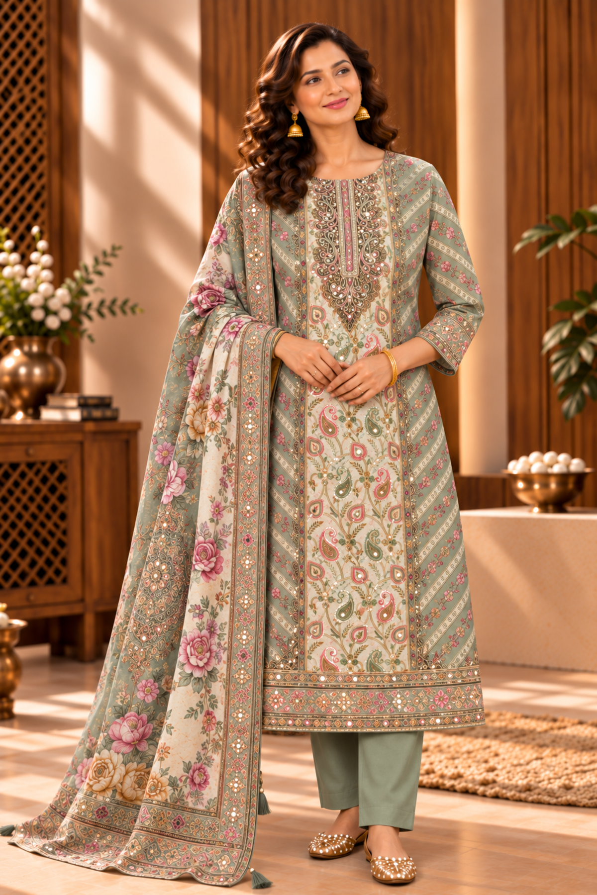 Noori Karachi Muslin Suit With Mirror Work