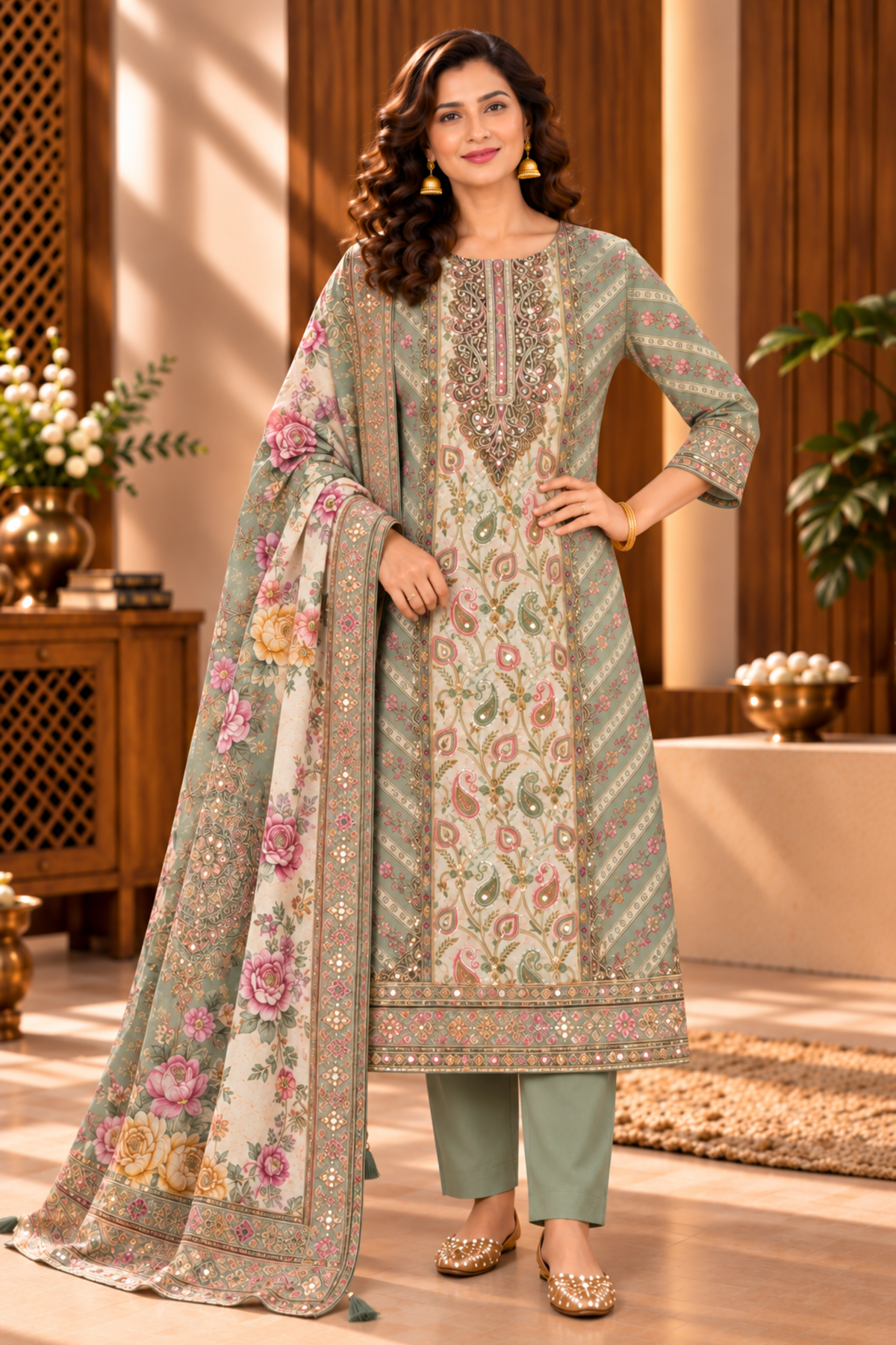 Noori Karachi Muslin Suit With Mirror Work