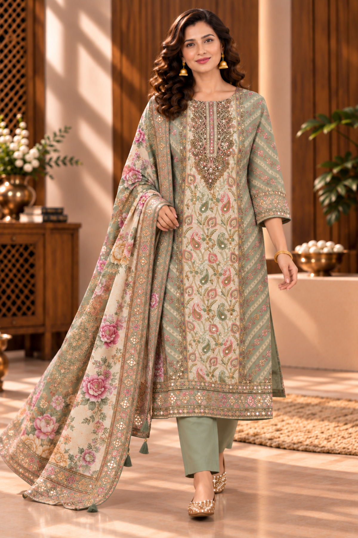 Noori Karachi Muslin Suit With Mirror Work