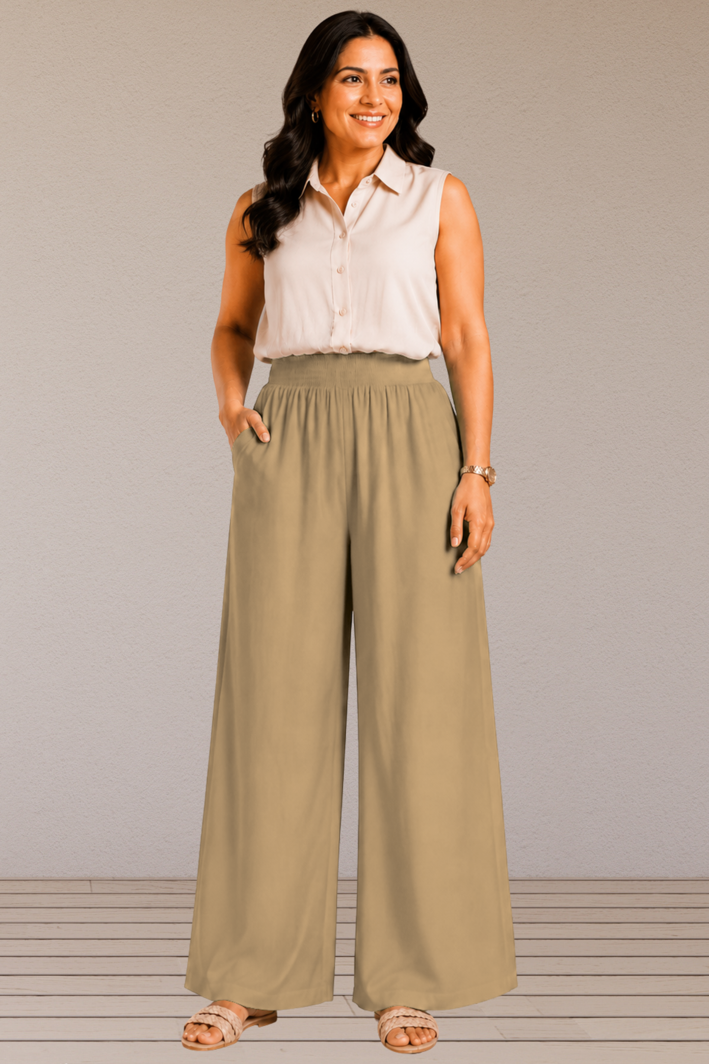 Almond Beige Flared Palazzo Pant