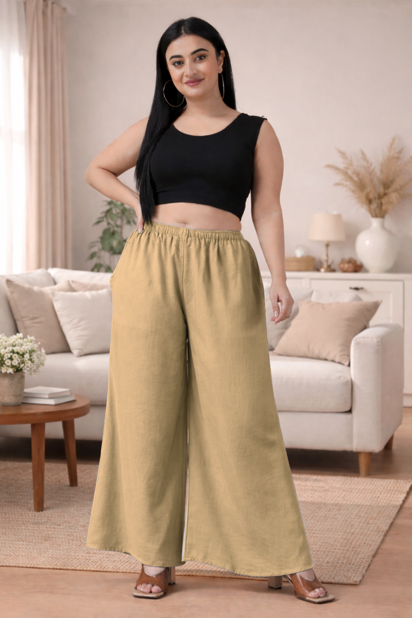 Almond Beige Rayon Loose Palazzo