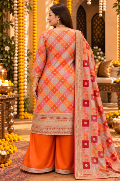 Amaira Saffron Silk Suit With Gold Jacquard Weave