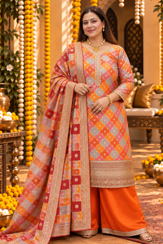 Amaira Saffron Silk Suit With Gold Jacquard Weave