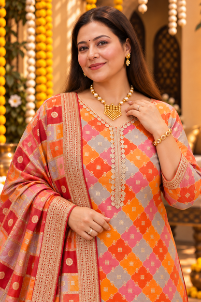 Amaira Saffron Silk Suit With Gold Jacquard Weave