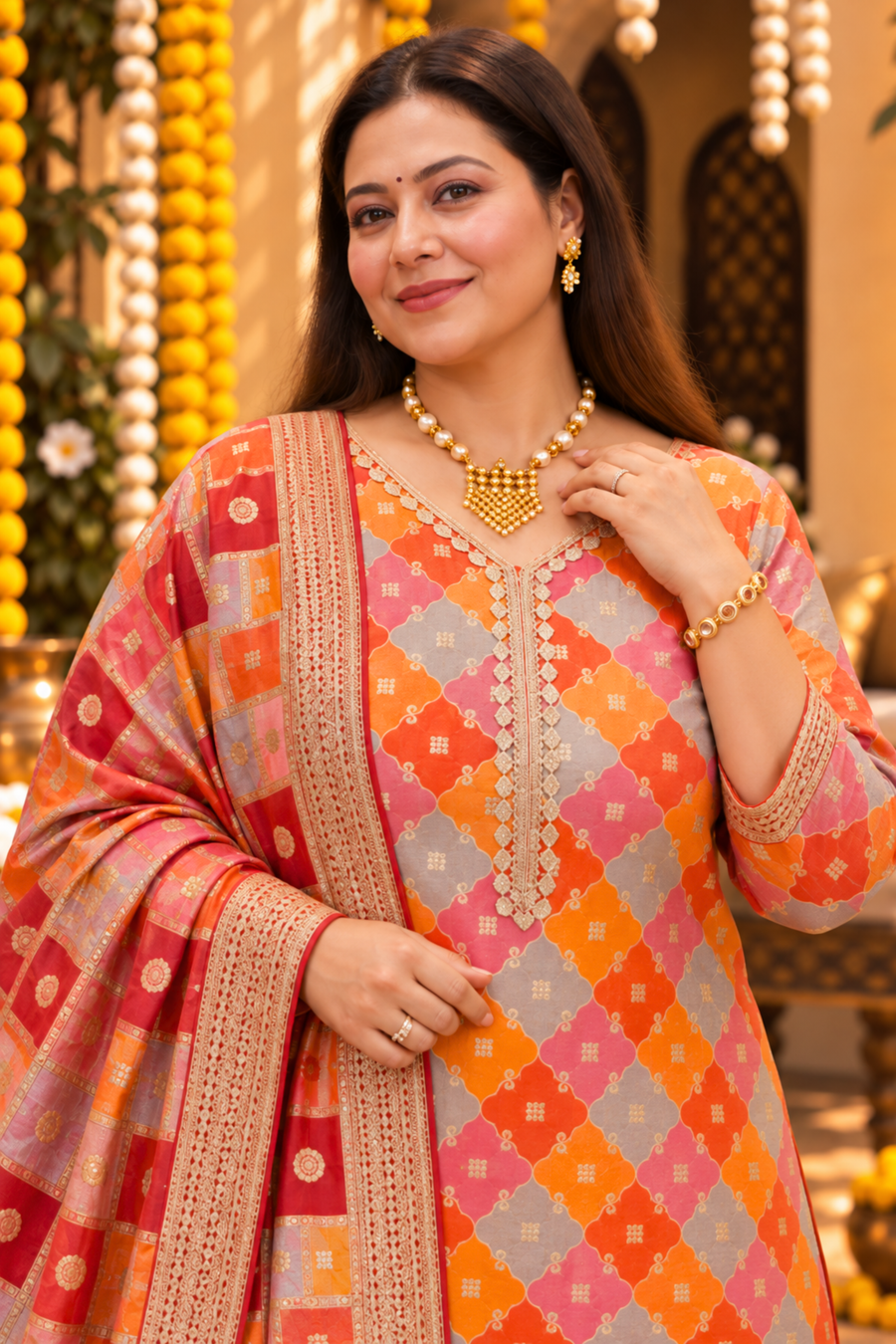 Amaira Saffron Silk Suit With Gold Jacquard Weave