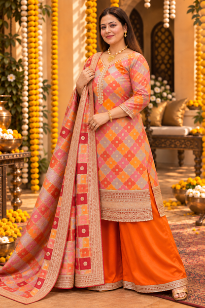 Amaira Saffron Silk Suit With Gold Jacquard Weave