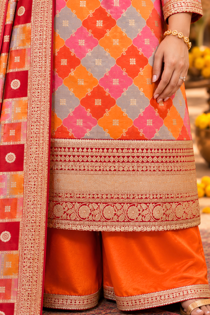 Amaira Saffron Silk Suit With Gold Jacquard Weave