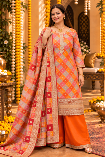 Amaira Saffron Silk Suit With Gold Jacquard Weave