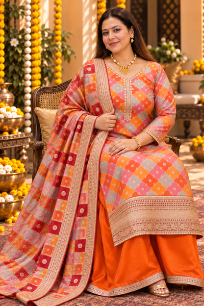 Amaira Saffron Silk Suit With Gold Jacquard Weave