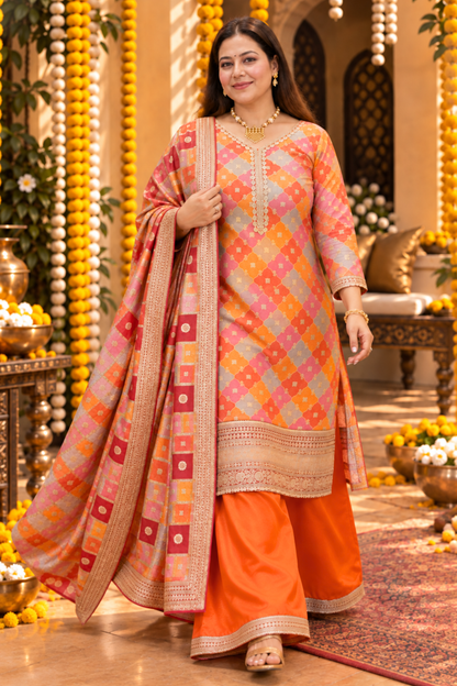 Amaira Saffron Silk Suit With Gold Jacquard Weave